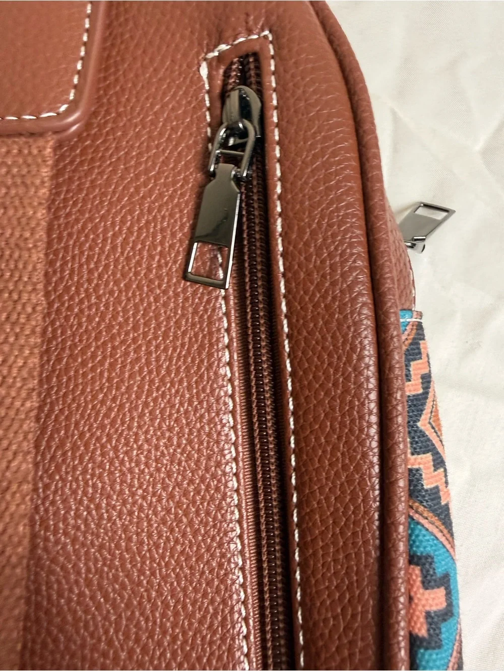 Wan & Kelo Teal Aztec Patterned Belt Bag with Brown Strap - Picture 6 of 10